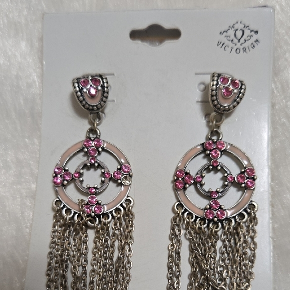 Silver and Pink Dangle Earrings - Picture 3 of 4